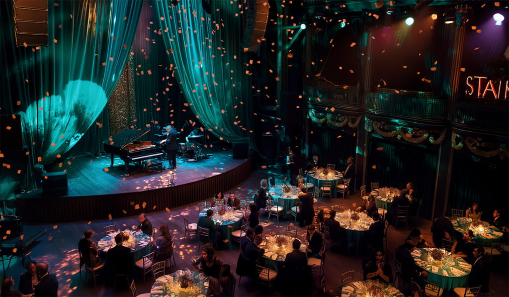 A dimly lit, elegant theater with round tables set for dinner guests. A pianist performs on stage under teal curtains, while orange petals fall from above, creating a magical atmosphere.
