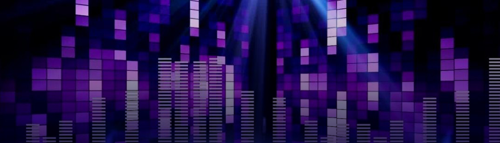 A digital graphic featuring purple and blue glowing rectangles, resembling an equalizer or soundwave bars, with light beams shining from the top against a dark background.