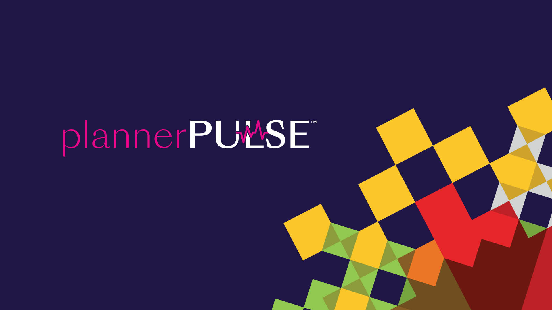 The words plannerPULSE with a pink heartbeat line through PULSE, set on a dark blue background with a colorful geometric pattern of squares and triangles in yellow, green, red, and orange at the bottom right.
