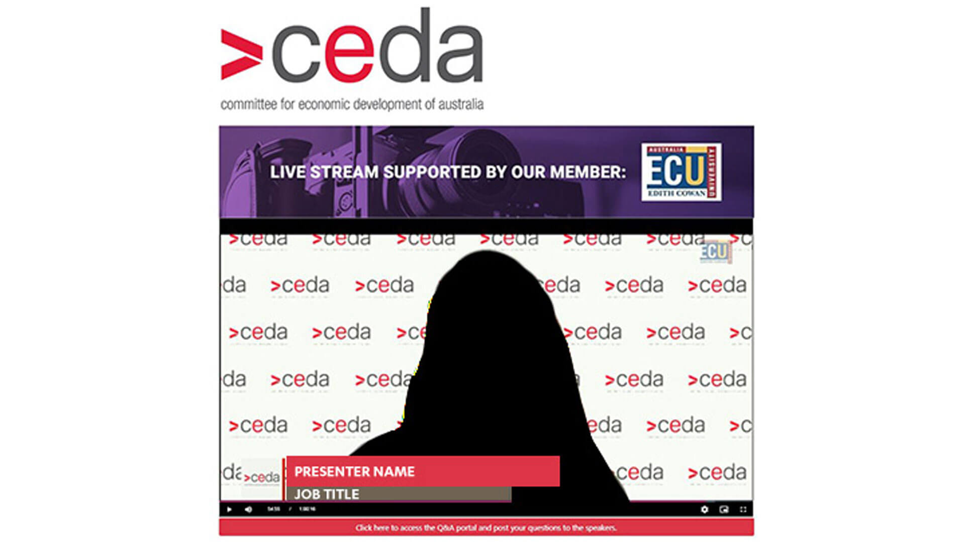 A silhouette of a person appears in front of a CEDA-branded backdrop during a livestream, with an ECU logo in the corner and captions reading PRESENTER NAME and JOB TITLE at the bottom.